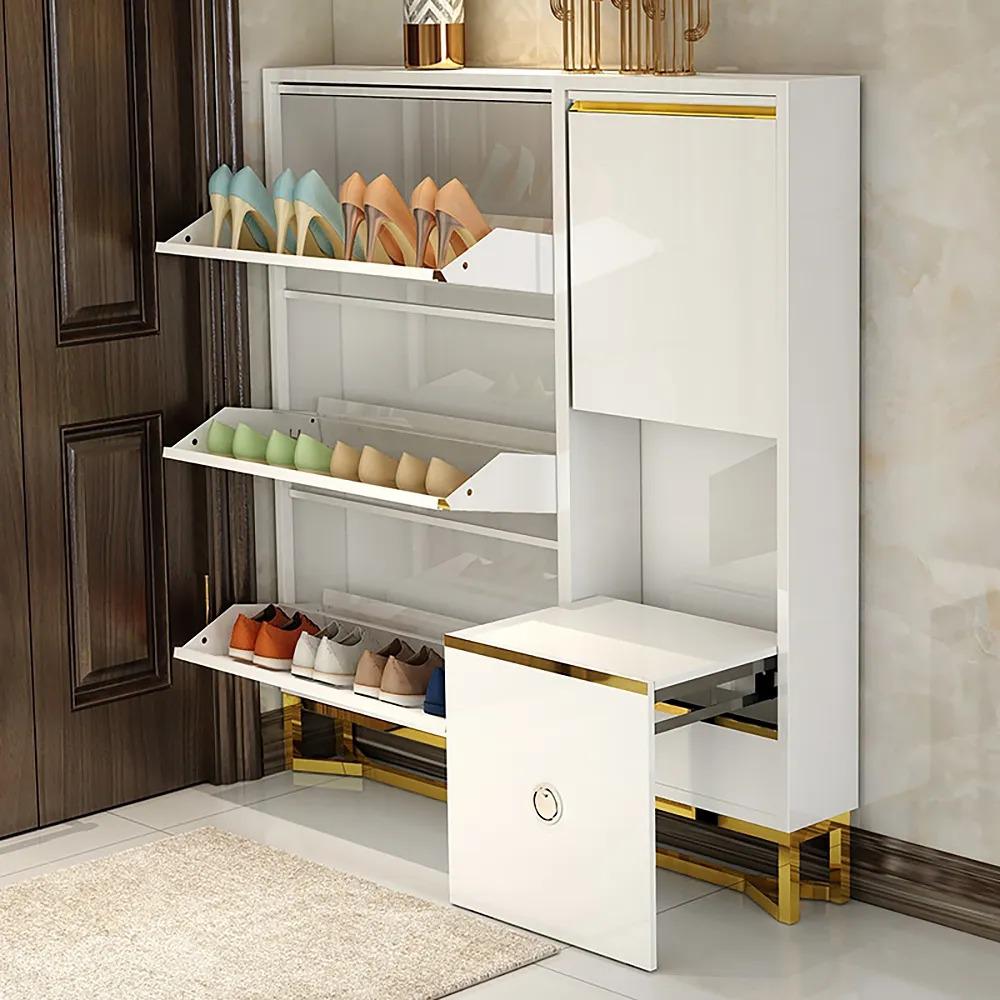 Walnut Upholstered Shoe Storage Cabinet with Door & Shelf Entryway Shoe  Storage Bench-Wehomz