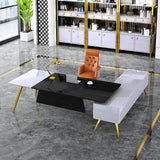 L-Shaped Modern Right Hand Corner Executive Desk with Storage in White & Gold & Black