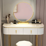 Tocador de maquillaje brillante ovalado blanco nórdico con 2 cajones y espejo giratorio y taburete