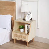 Natural Lightstand Nordic 1-Drawer Rattan Woven Wooden Bedside Table مع تخزين مفتوح