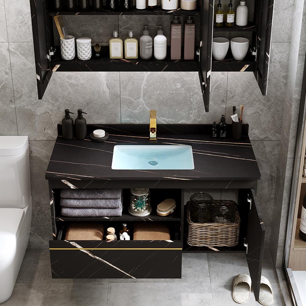 Modern 39 Floating Black Bathroom Vanity Stone Top Wall Mounted Bathroom Cabinet