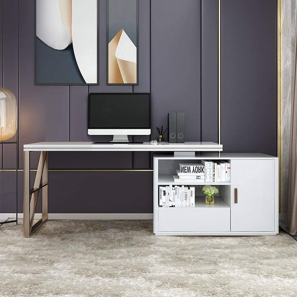 63 Modern Black Home Office Desk with Drawers & Side Cabinet in Gold Base