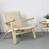 Japandi Solid Wood Outdoor Patio Lounge Chair Armchair Kraft Paper Rope Woven Seat