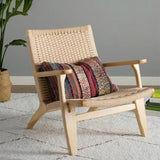 Sillón Japandi de madera maciza para exteriores, sillón para patio, sillón, asiento tejido con cuerda de papel Kraft