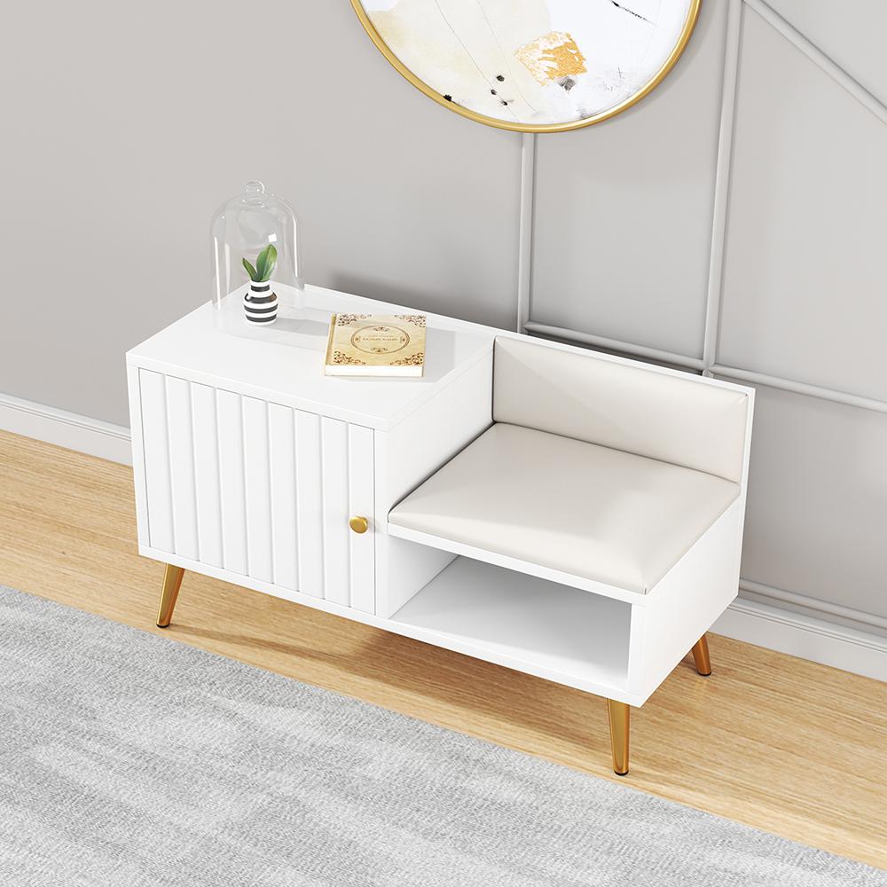 White Contemporary Upholstered Shoe Rack Bench with Storage Cabinet and Shelf  Hallway - Cocochairs