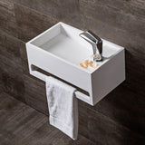 Badezimmer-Waschbecken mit Rampe aus massivem Steinharz, wandhängend, mit Handtuchhalter in glänzendem Weiß