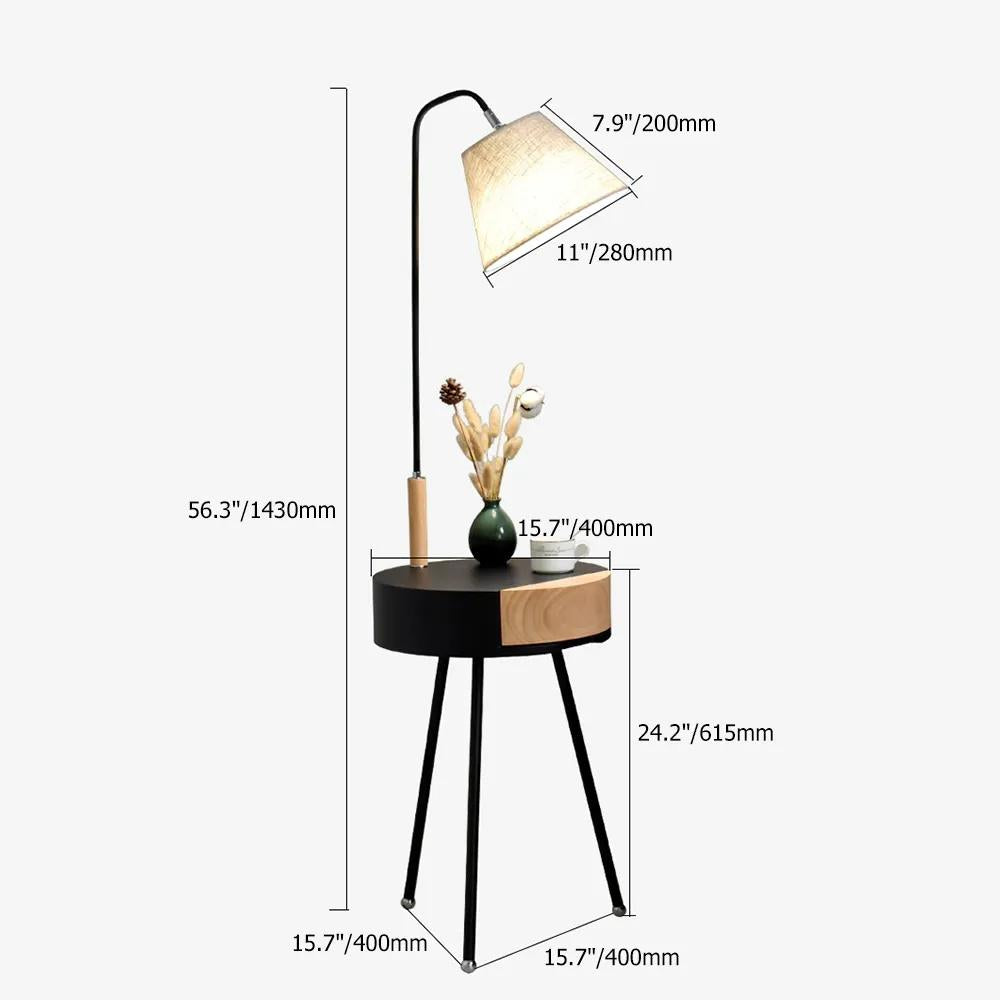 Arc Black LED Wooden End Table Tripod Floor Lamp Fabric Shade