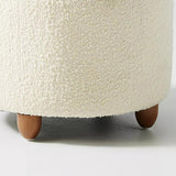 White Boucle Vanity Stool with Flip Top Storage Round Ottoman, Walnut Legs