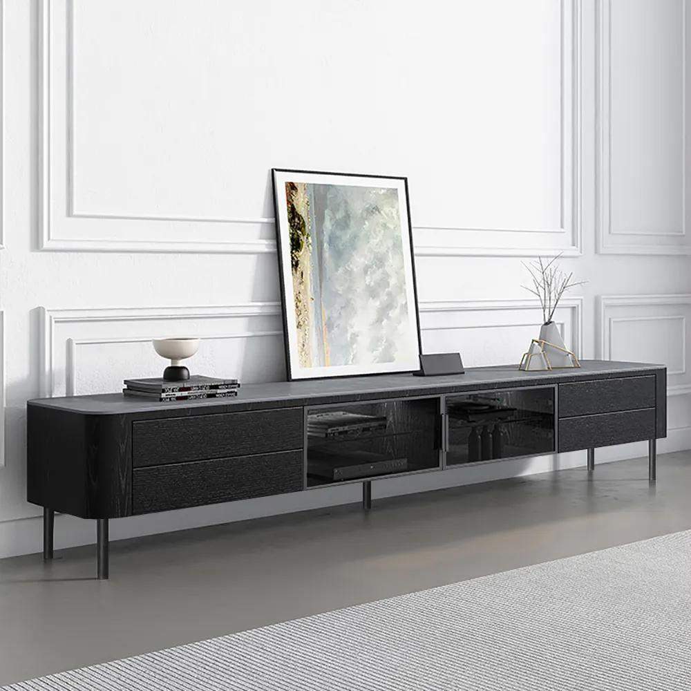 86.6" Contemporary Black Stone Top TV Stand with 2 Tempered Glass Doors-Furniture,Living Room Furniture,TV Stands