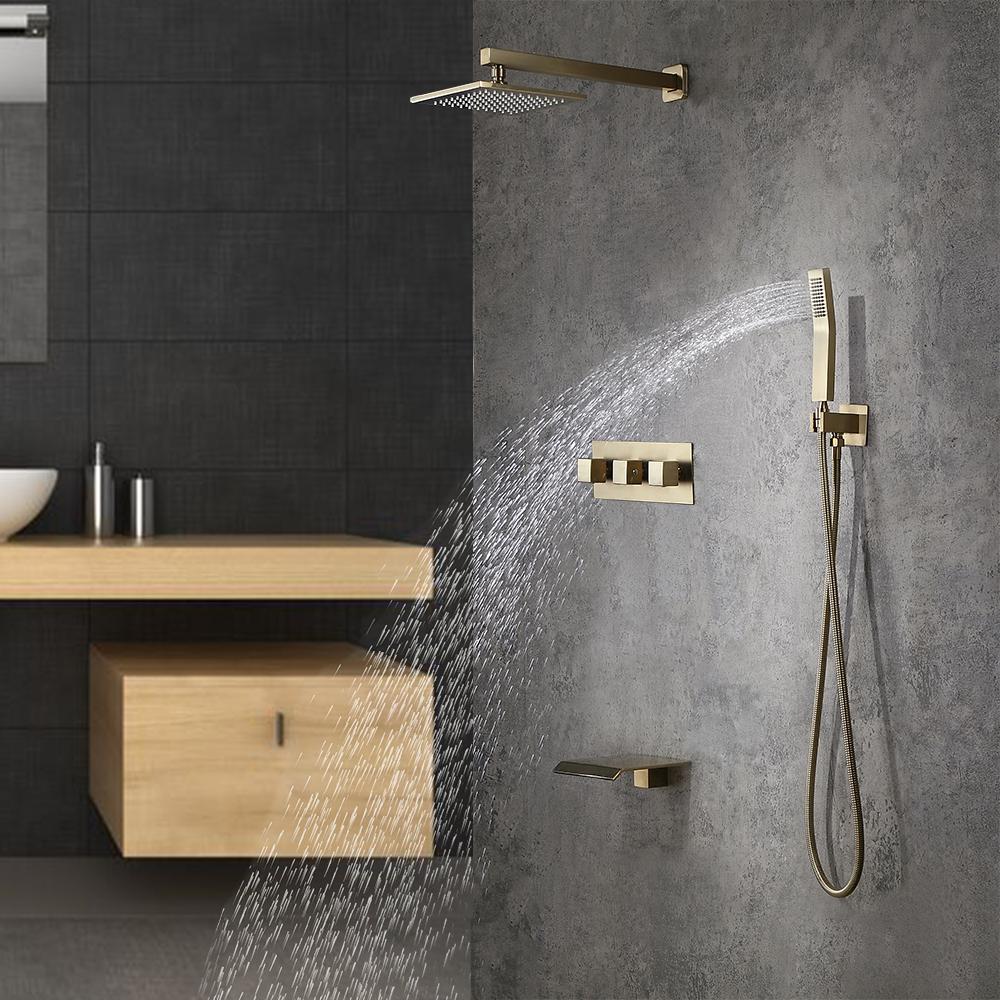 Wall-Mounted 10" Shower System in Brushed Gold with Tub Spout Solid Brass