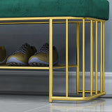 金色のフレームと棚で装飾されたモダンなグレーの収納ベンチ 玄関ベンチ ベルベット