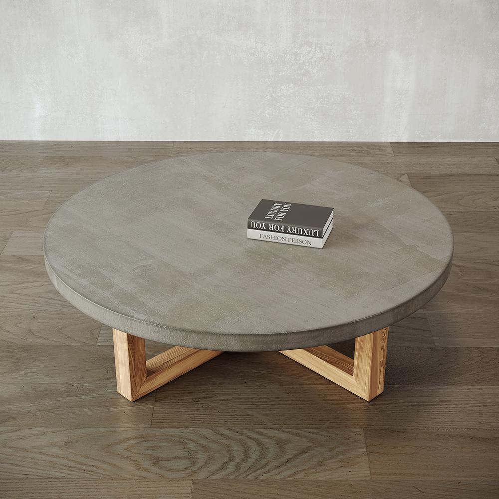 31" Round Concrete Gray Coffee Table with Cross Legs Pine Wood Base