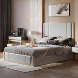 Cal King Platform Bed Gray Faux Leather Bed with Wood Slats Support