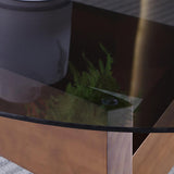 طاولة القهوة الدائرية باللون الأسود والجوز مع قمة زجاجية وقاعدة هندسية خشبية الصنوبر