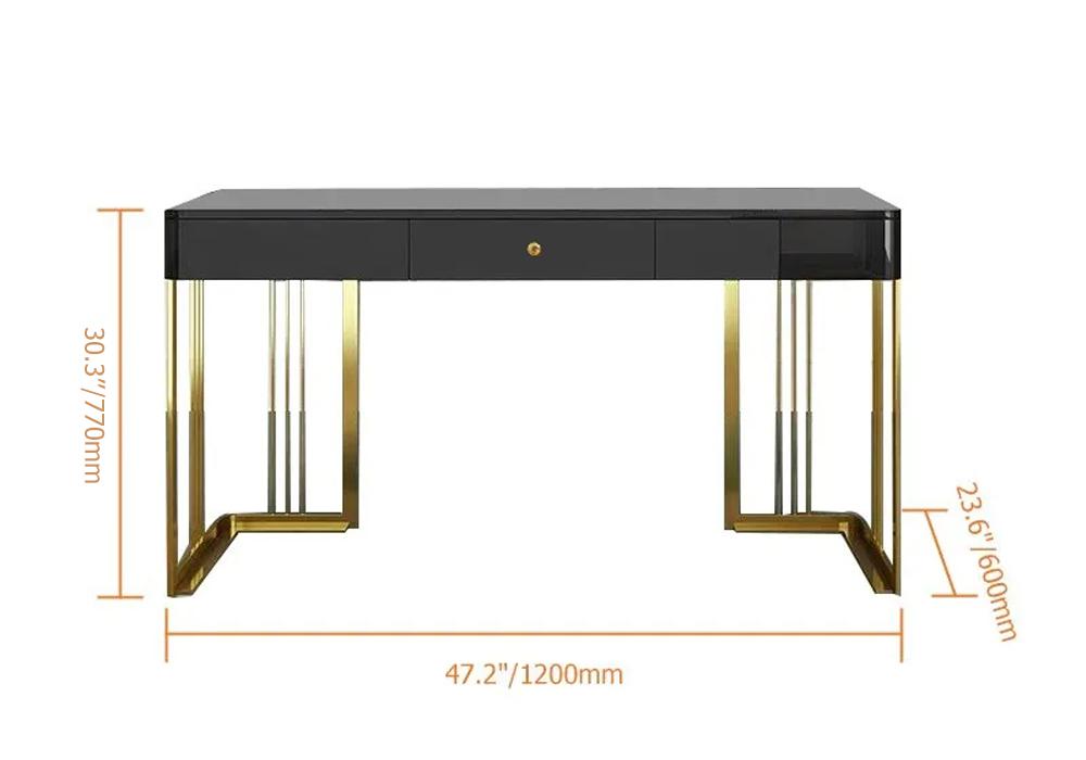 47" Glossy White Wooden Writing Desk Modern Desk Computer Desk with Drawers in Gold Base