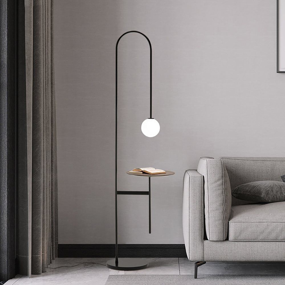 Modern Arc Floor Lamp with Shelf in Black Glass Shade Included