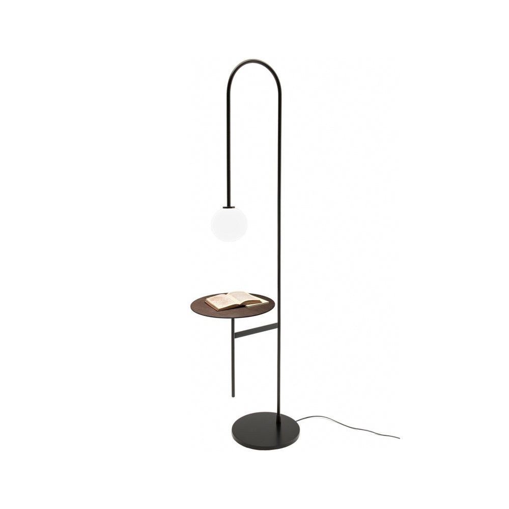 Modern Arc Floor Lamp with Shelf in Black Glass Shade Included