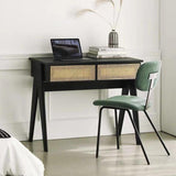 Modern Black Rattan Desk Home Office Desk with Drawers Wooden Writing Desk