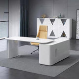 Weißer Chefschreibtisch in L-Form. Großer Home-Office-Schreibtisch mit Schubladen und Schrank für die rechte Hand