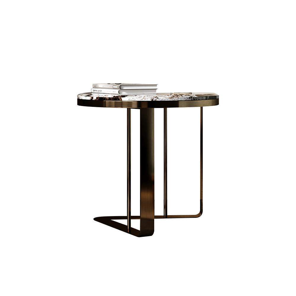 Modern Round End Table with Faux Marble Top and Stainless Steel Legs in Gold-End &amp; Side Tables,Furniture,Living Room Furniture