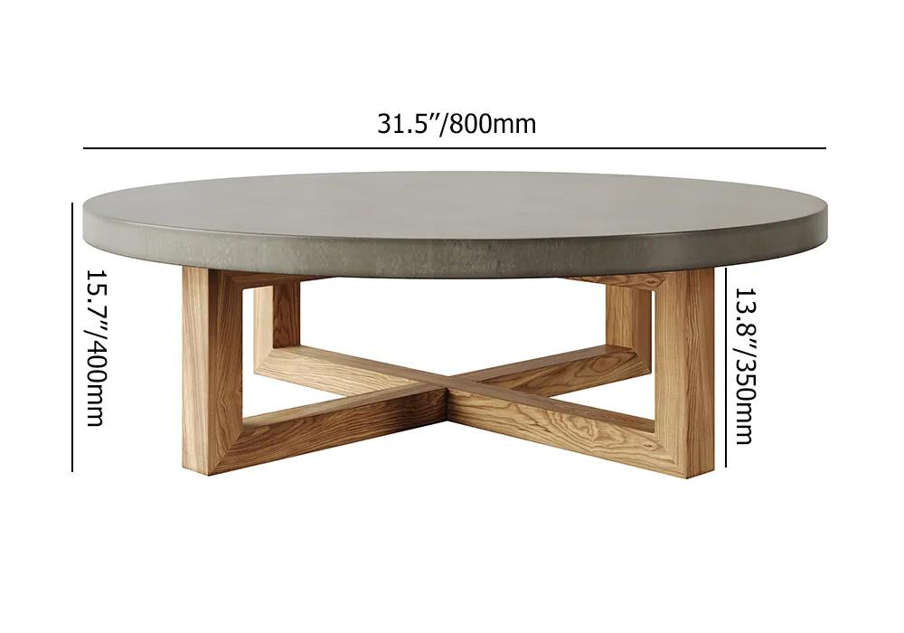31" Round Concrete Gray Coffee Table with Cross Legs Pine Wood Base