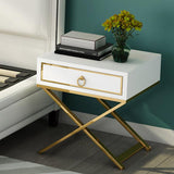 White Nighstand with Drawer Bedside Table with X-Shaped Stainless Steel Base