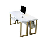 39" Modern White & Gold Rectangular Computer Desk with Drawer & Storage Shelf