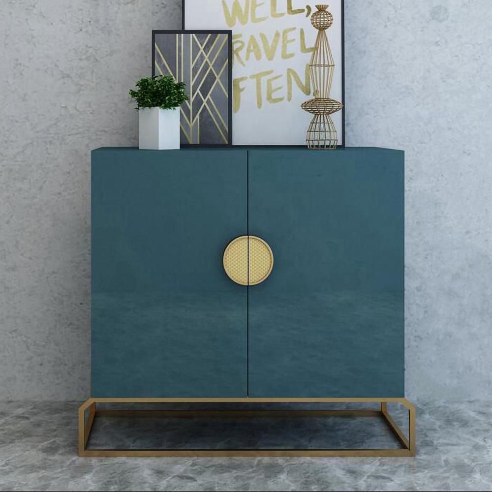 2-Door Peacock Blue Console Table Storage Cabinet Entryway Gold Accent