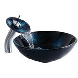 Dark Blue Tempered Glass Circular Vessel Sink Waterfall Faucet Set Pop-Up Drain Included