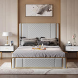 Cal King Platform Bed Bed Gray Faux Leather Bed مع Slats Slats Wood Slats