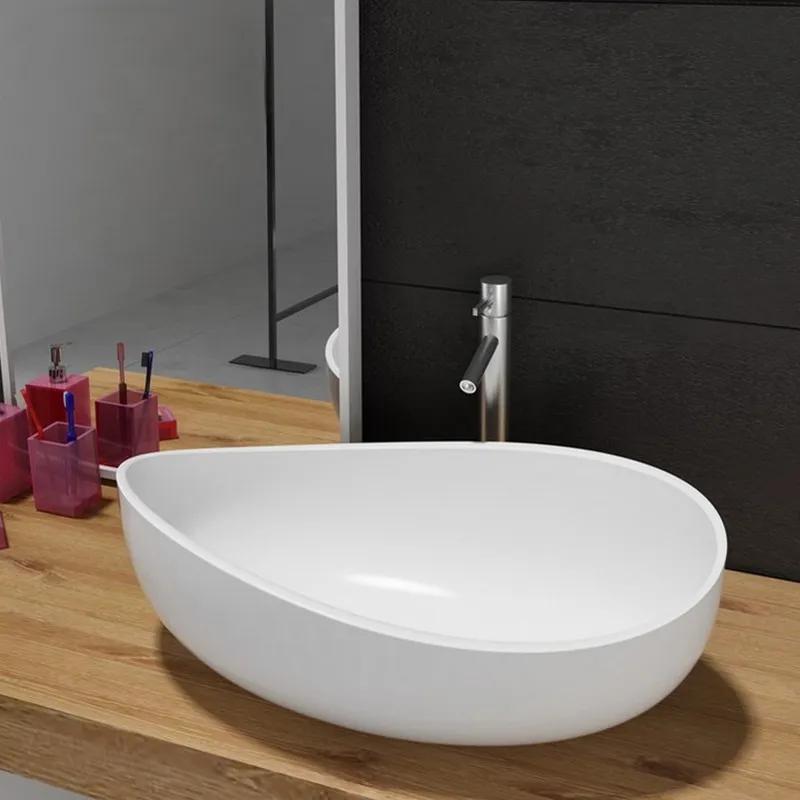 Bathroom Stone Resin Oval Vessel Sink Modern Art Sink Glossy White with Pop Up Drain