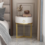 Modern Round Nightstand with 1 Drawer White Nightstand Bedside Table with Gold Frame