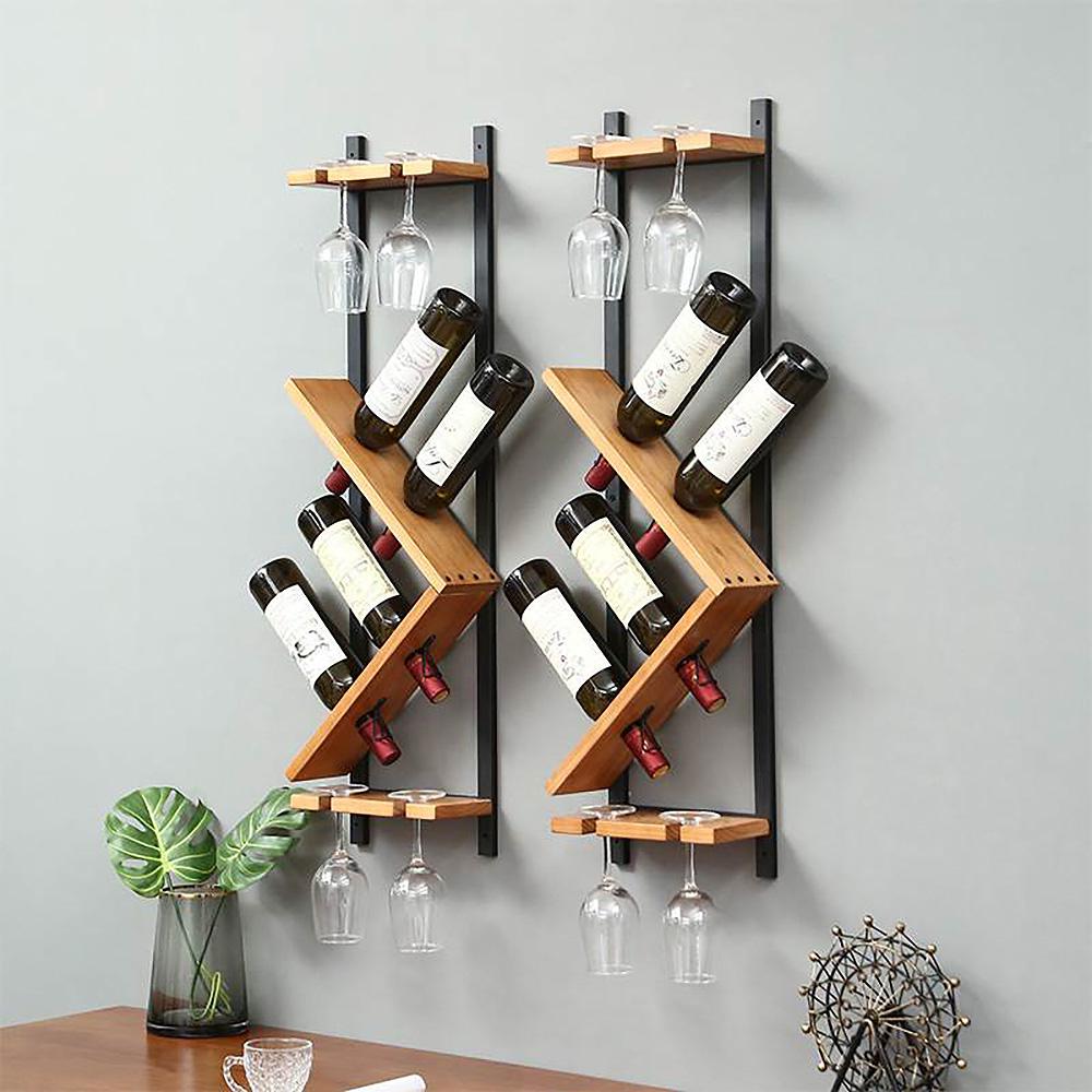 モダンな壁掛け木製ワインラック 4 ボトル & 4 ワイングラス ラック脚