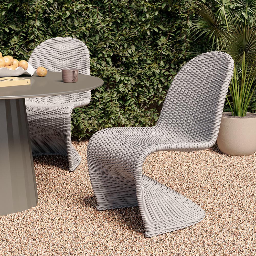 2 Pieces Coastal Aluminum & Woven Rattan Outdoor Patio Dining Chair Set in Gray
