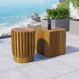 Juego de mesa de centro de exterior de madera de teca redonda y rectangular rústica de 2 piezas en color natural