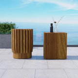 2-teiliges rustikales rundes und rechteckiges Couchtisch-Set aus Teakholz für den Außenbereich in Natur
