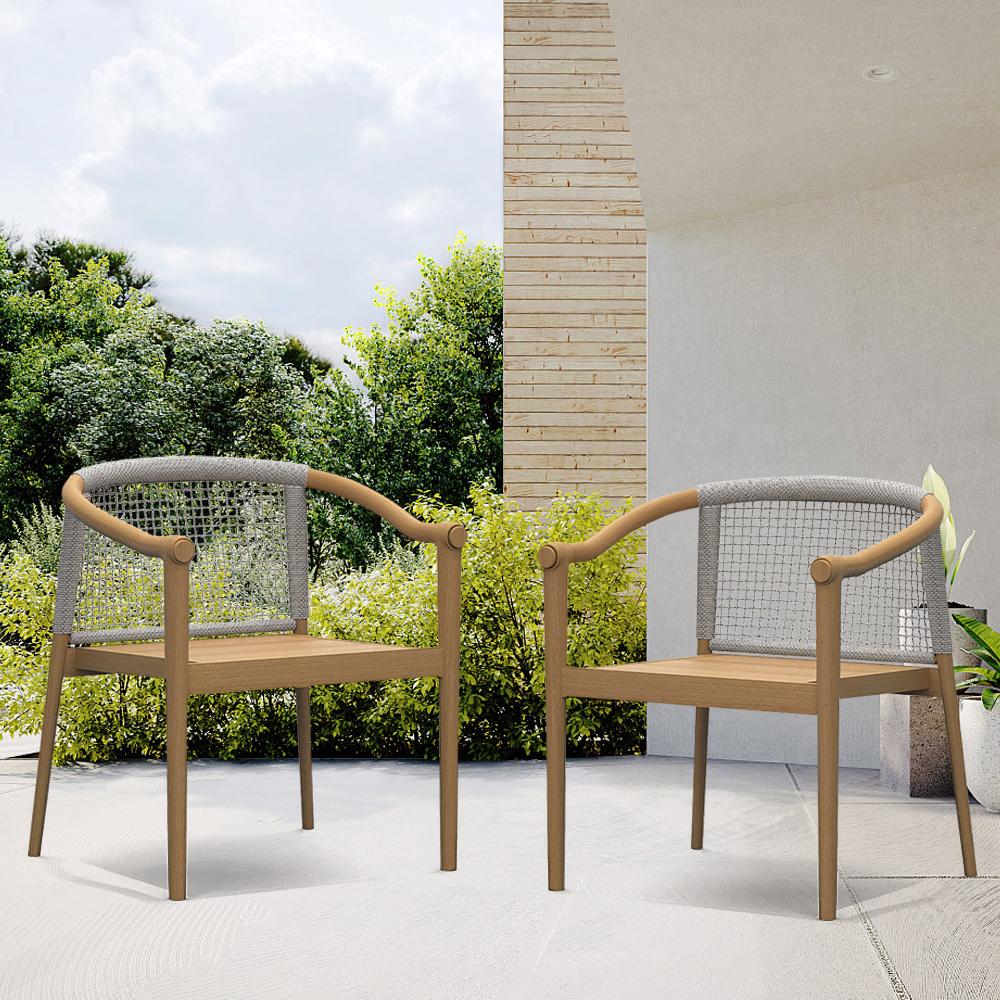 2 Pieces Modern Teak Wood Outdoor Patio Dining Chair Armchair Set in Natural & Beige