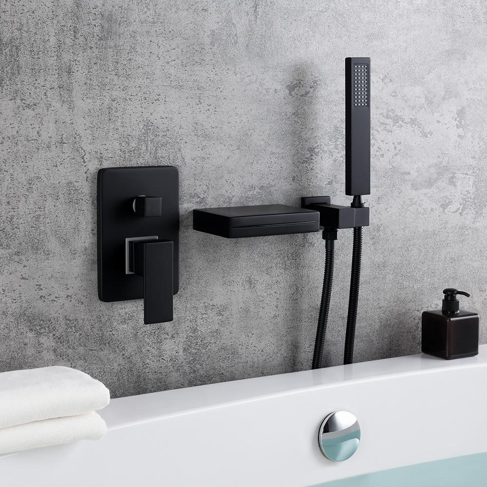Grifo de llenado de bañera negro mate con cascada LED de montaje en pared  contemporáneo con ducha de mano-Wehomz