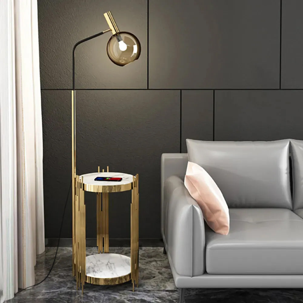 Modern Floor Lamp End Table with Glass Shade, Wireless Charger & USB Port