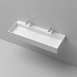 Fregadero doble de 47 pulgadas para montaje en pared, resina de piedra, lavabo de baño blanco mate