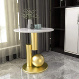 Modern White End Table Round Stone Top with Abstract Metal Base