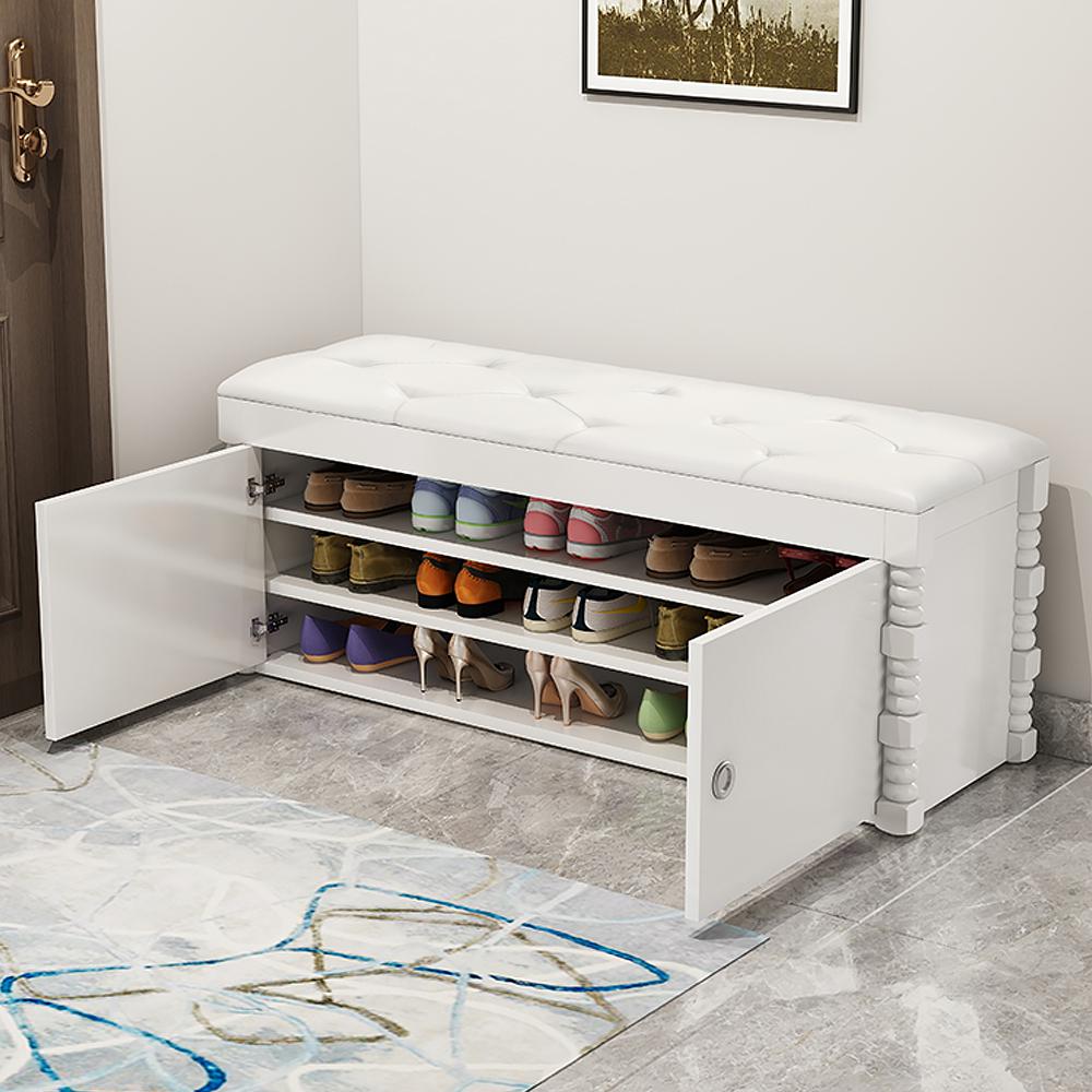White Contemporary Upholstered Shoe Rack Bench with Storage Cabinet and Shelf  Entryway-Wehomz