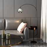Lampadaire à arc moderne avec tiroir en noir avec une nuance en verre et une base en marbre