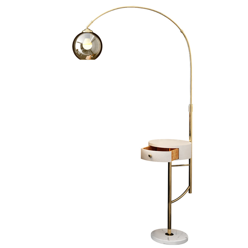 Modern Arc Floor Lamp with Drawer in Black with Glass Shade & Marble Base