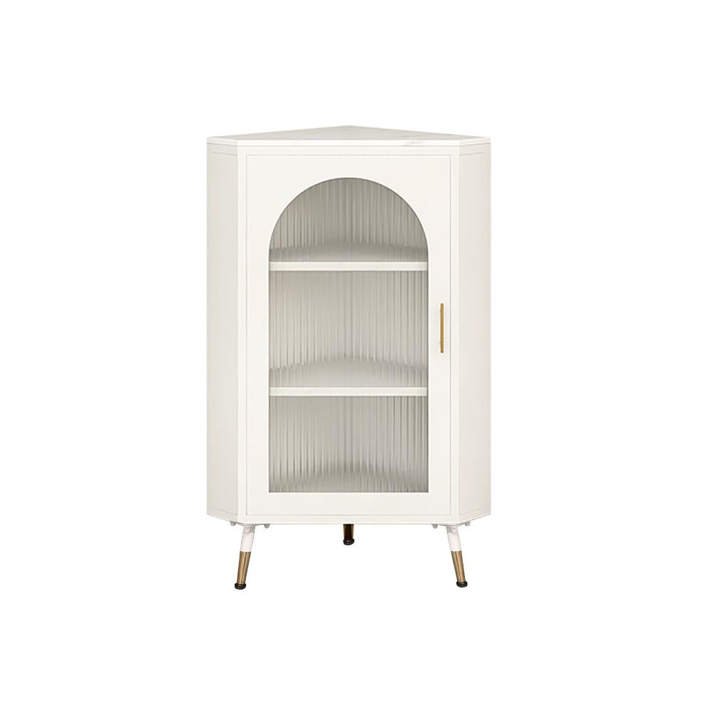 Modern White Corner Floor Display Cabinet with Storage & Glass Door & Faux Marble Top