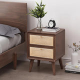 Nordic Natural Rattan Nightstand Solid Wood Bedside Table with 2 Drawers