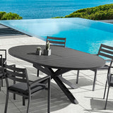 Outdoor Extendable Round Trestle Dining Table with Aluminum Frame in Black