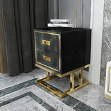 Modern Black Side Cabinet with Tempered Glass Top Lacquered & 2 Drawers Gold Finish