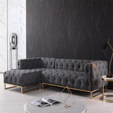 Sofá moderno tapizado en terciopelo capitoné de 94.5" Sofá de 3 plazas Seccional gris con base dorada