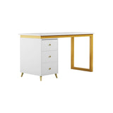 Modern 55" Wooden Home Office White Computer Desk with 3 Drawers & Side Cabinet in Gold